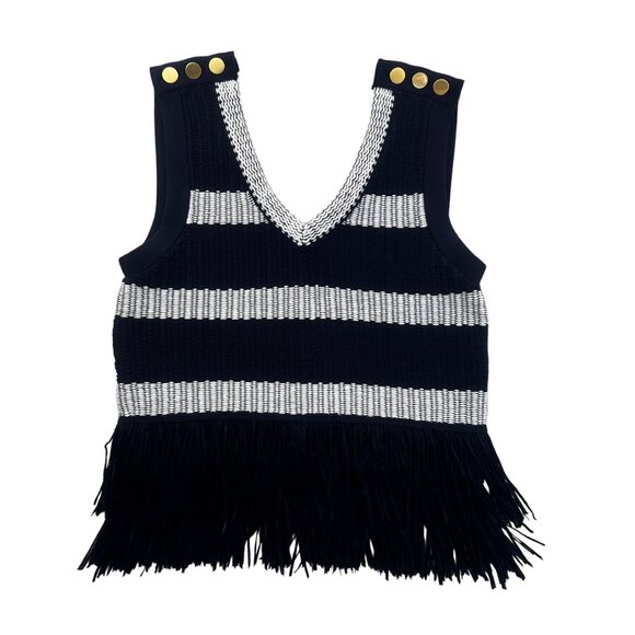 Club Monaco Navy & White Striped Knit Tank Top Fringe Sz XS Gold Buttons Trendy - Picture 14 of 14